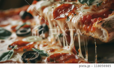 pizza slice macro close-up with melted oozing cheese  118056985