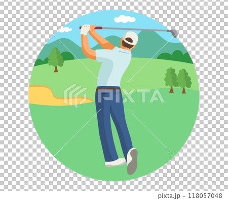 Man hitting a tee shot on a golf course 118057048