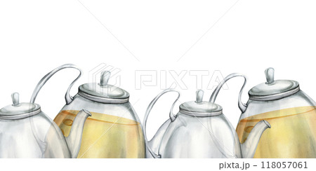 Glass empty tea pot and kettle with orange hot sea buckthorn tea illustration. Hand drawn drinking liquid banner for cafe menu, poster, autumn decor design. Medicine packing Glass empty tea pot and kettle with orange hot sea buckthorn tea illustration. Hand drawn drinking liquid banner for cafe menu, poster, autumn decor design. Medicine packing 118057061