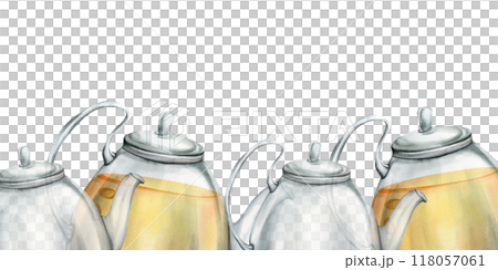 Glass empty tea pot and kettle with orange hot sea buckthorn tea illustration. Hand drawn drinking liquid banner for cafe menu, poster, autumn decor design. Medicine packing Glass empty tea pot and kettle with orange hot sea buckthorn tea illustration. Hand drawn drinking liquid banner for cafe menu, poster, autumn decor design. Medicine packing 118057061
