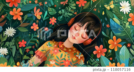 Banner background with Girl with headphones lying among colorful flowers, leaves, butterflies 118057116