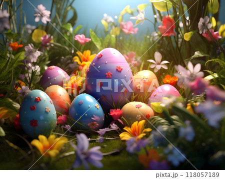 close up of colorful easter eggs 118057189