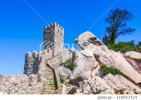 Sintra, Portugal. Aerial top view of Castelo dos Mouros, world heritage place next to Lisbon. Sintra, Portugal. Aerial top view of Castelo dos Mouros, world heritage place next to Lisbon. 118057525