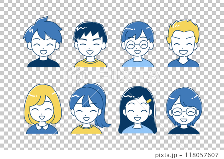 Children's icon illustration set, laughing with mouth open, bust up, blue, yellow Children's icon illustration set, laughing with mouth open, bust up, blue, yellow 118057607