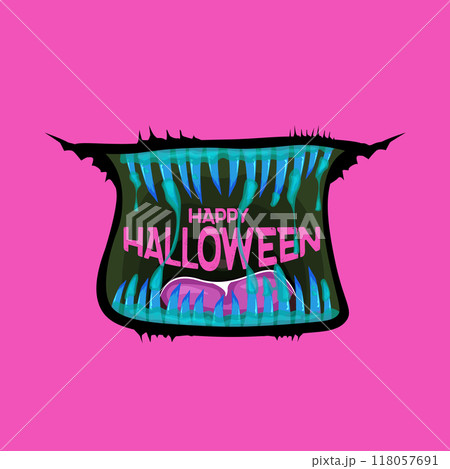 Pink vector Happy Halloween greeting card and poster with funny monster mouth and text. Cartoon vampire and zombie fangs. Cartoon funny zombie monster open mouth with drooling green slime Pink vector Happy Halloween greeting card and poster with funny monster mouth and text. Cartoon vampire and zombie fangs. Cartoon funny zombie monster open mouth with drooling green slime 118057691