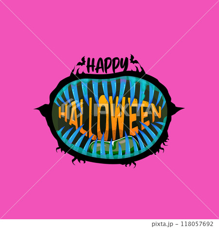 Pink vector Happy Halloween greeting card and poster with funny monster mouth and text. Cartoon vampire and zombie fangs. Cartoon funny zombie monster open mouth with drooling green slime Pink vector Happy Halloween greeting card and poster with funny monster mouth and text. Cartoon vampire and zombie fangs. Cartoon funny zombie monster open mouth with drooling green slime 118057692