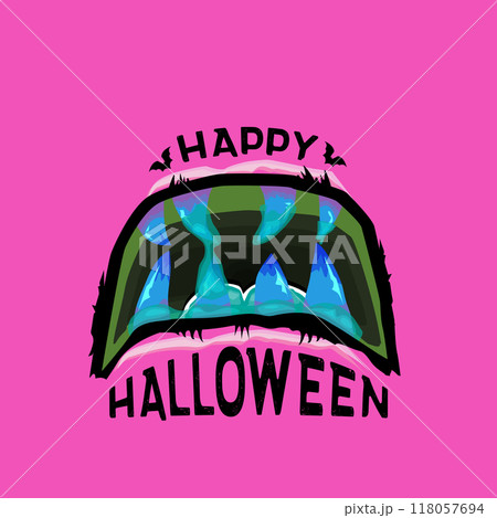 Pink vector Happy Halloween greeting card and poster with funny monster mouth and text. Cartoon vampire and zombie fangs. Cartoon funny zombie monster open mouth with drooling green slime Pink vector Happy Halloween greeting card and poster with funny monster mouth and text. Cartoon vampire and zombie fangs. Cartoon funny zombie monster open mouth with drooling green slime 118057694