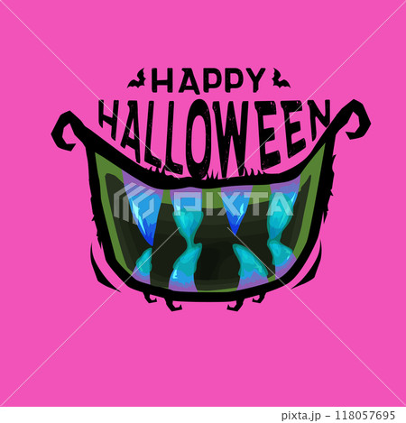 Pink vector Happy Halloween greeting card and poster with funny monster mouth and text. Cartoon vampire and zombie fangs. Cartoon funny zombie monster open mouth with drooling green slime 118057695