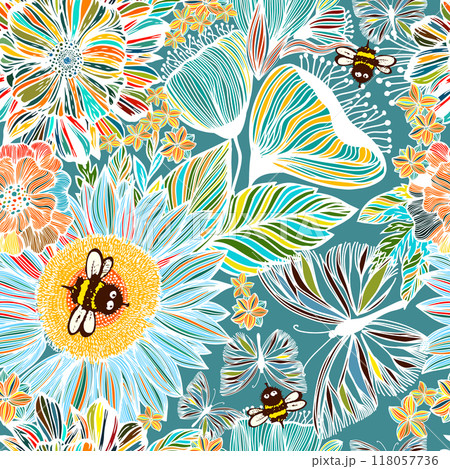Beautiful flowers and bees seamless pattern. Not AI, Vector illustration. 118057736