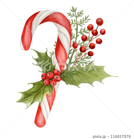 Watercolor composition with caramel, holly tree, branches and branches of red berries. Hand drawn illustration 118057878