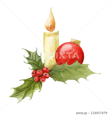 Watercolor composition with red glass ball, burning candle, holly tree. Hand drawn illustration 118057879