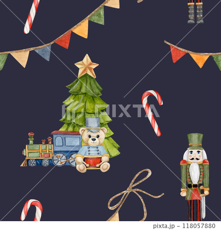 watercolor seamless pattern with Christmas tree, train and teddy Bear and nutcracker, caramel, garland with flags on blue background 118057880