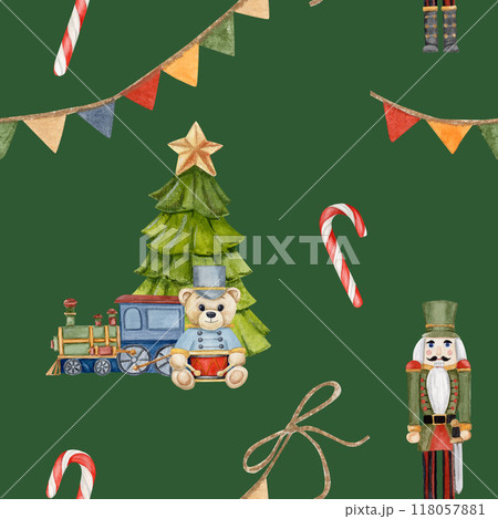 watercolor seamless pattern with Christmas tree, train and teddy Bear and nutcracker, caramel, garland with flags on green background 118057881