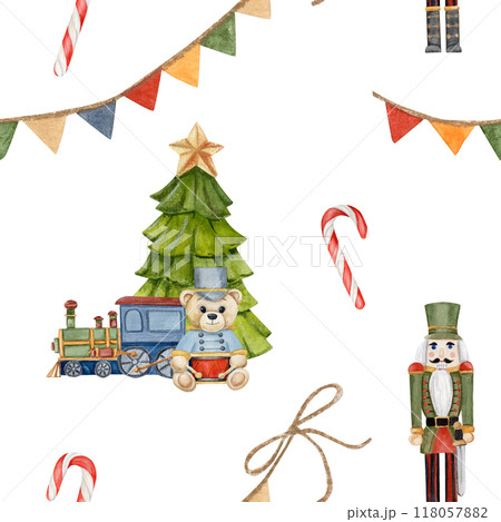 watercolor seamless pattern with Christmas tree, train and teddy Bear and nutcracker, caramel, garland with flags on white background watercolor seamless pattern with Christmas tree, train and teddy Bear and nutcracker, caramel, garland with flags on white background 118057882