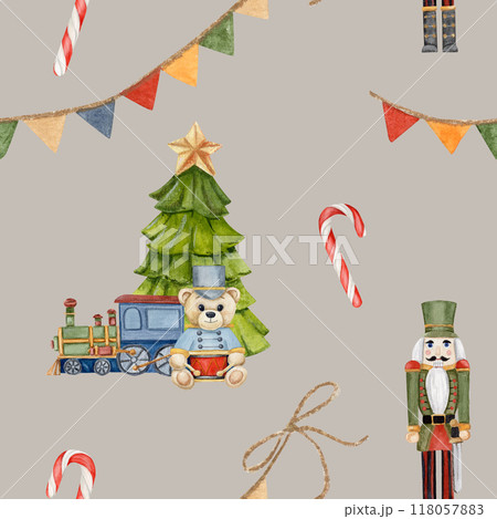 watercolor seamless pattern with Christmas tree, train and teddy Bear and nutcracker, caramel, garland with flags on beige background 118057883
