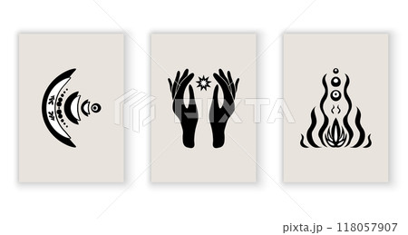 A set of mystical posters, esotericism, tarot cards, metaphorical cards, posters for the interior. Symbols and signs. A set of mystical posters, esotericism, tarot cards, metaphorical cards, posters for the interior. Symbols and signs. 118057907