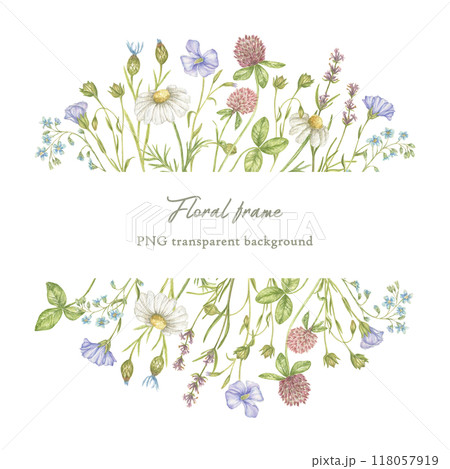 Watercolor frame made of wildflowers. Elements of floral design. Elegant illustration of a floral frame for wedding invitations, postcards, backgrounds, tags, posters, packaging 118057919
