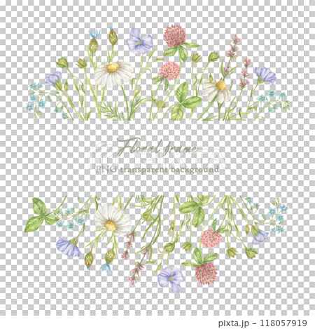 Watercolor frame made of wildflowers. Elements of floral design. Elegant illustration of a floral frame for wedding invitations, postcards, backgrounds, tags, posters, packaging 118057919