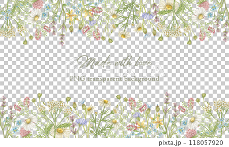 Watercolor horizontal frame made of wildflowers. Elements of floral design. Elegant illustration of a floral frame for wedding invitations, postcards, backgrounds, tags, posters, business cards 118057920