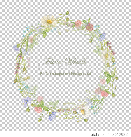 Watercolor wreath of wildflowers. Elements of floral design. Elegant illustration of a floral frame for wedding invitations, postcards, backgrounds, tags, posters, packaging 118057922