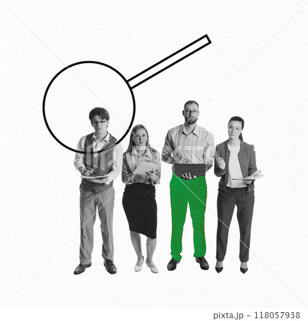 Contemporary art collage. Professionals under magnifying glass, representing scrutiny of candidates during hiring process. 118057938