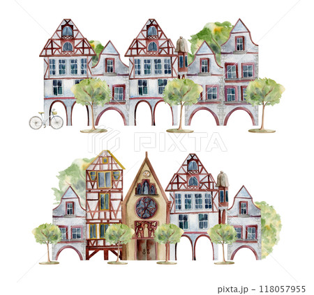 Old European city town street house church. Historical cityscape religious building, green trees. Watercolor hand drawn illustration. Tourist shops, souvenirs, travel brochures, architectural bureau 118057955