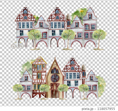 Old European city town street house church. Historical cityscape religious building, green trees. Watercolor hand drawn illustration. Tourist shops, souvenirs, travel brochures, architectural bureau Old European city town street house church. Historical cityscape religious building, green trees. Watercolor hand drawn illustration. Tourist shops, souvenirs, travel brochures, architectural bureau 118057955