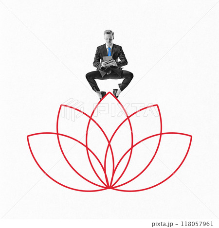 Contemporary art collage. Soul, Man in meditation pose sits atop blooming lotus, representing spiritual growth and soul alignment. 118057961