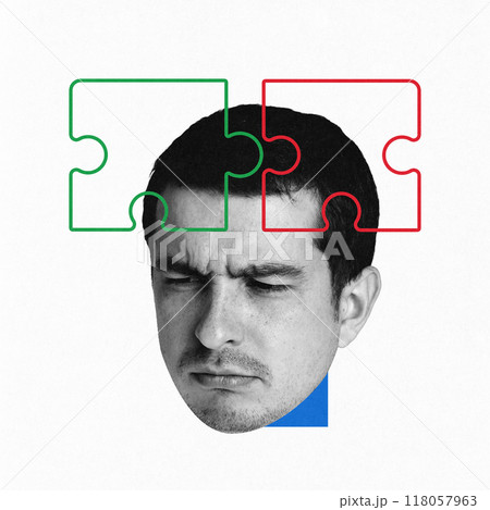 Contemporary art collage. Cognitive Skills. Man's face appears puzzled, with puzzle pieces representing brain's ability to solve problems and develop cognitive skills. 118057963