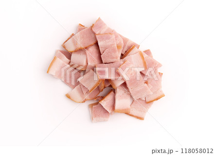 pieces of fresh bacon isolated on white background pieces of fresh bacon isolated on white background 118058012
