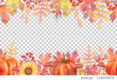 Autumn banner of pumpkins with berries and mushrooms, sunflower. Hand drawn isolated botanical frame. Watercolor illustration. Horizontal border for invitations, Thanksgiving, Halloween quotes. Autumn banner of pumpkins with berries and mushrooms, sunflower. Hand drawn isolated botanical frame. Watercolor illustration. Horizontal border for invitations, Thanksgiving, Halloween quotes. 118058078