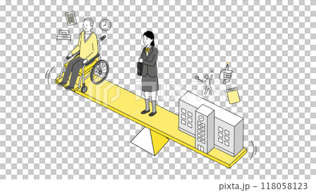 10代の女性と高齢者、ヤングケアラーのイメージイラスト、アイソメトリック、ベクター 118058123