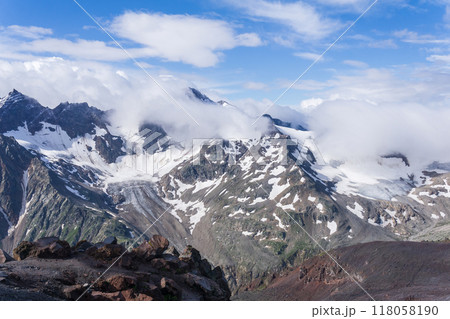 high mountainous landscape with high peaks and glaciers high mountainous landscape with high peaks and glaciers 118058190