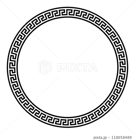 Big circle frame with seamless meander pattern. Decorative border with Greek key or also Greek fret motif, constructed from continuous lines, shaped into a repeated motif. Illustration over white. Big circle frame with seamless meander pattern. Decorative border with Greek key or also Greek fret motif, constructed from continuous lines, shaped into a repeated motif. Illustration over white. 118058489