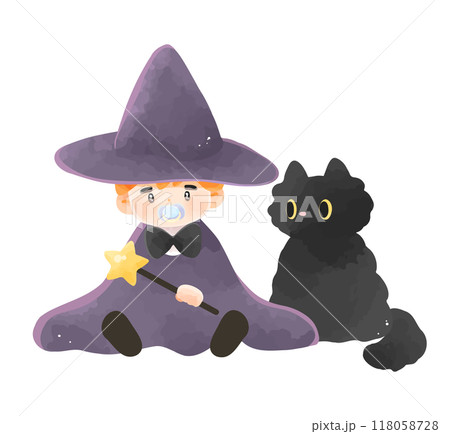 ハロウィンの仮装をした赤ちゃんと黒猫 魔法使い ハロウィンの仮装をした赤ちゃんと黒猫 魔法使い 118058728