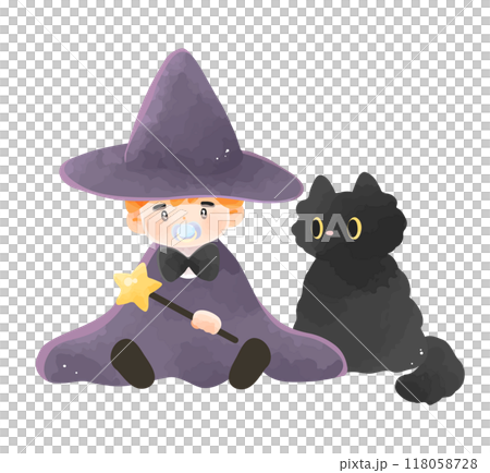 ハロウィンの仮装をした赤ちゃんと黒猫 魔法使い ハロウィンの仮装をした赤ちゃんと黒猫 魔法使い 118058728