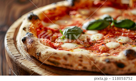 closeup pizza on wooden table in kitchen top view 118058752