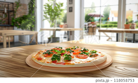 closeup pizza on wooden table in kitchen with blurred bokeh background 118058753
