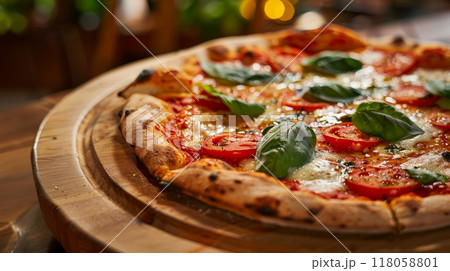 pizza on wooden table in pizzeria restaurant background pizza on wooden table in pizzeria restaurant background 118058801