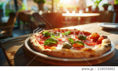 pizza on wooden table in pizzeria restaurant background pizza on wooden table in pizzeria restaurant background 118058802
