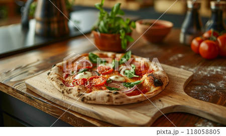 pizza on kitchen table background with ingredients pizza on kitchen table background with ingredients 118058805