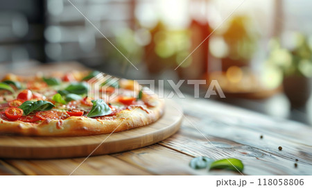 pizza on kitchen table with ingredients on blurred background  118058806