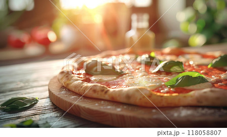 pizza on kitchen table with ingredients on blurred background pizza on kitchen table with ingredients on blurred background 118058807