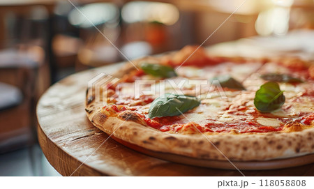 pizza on table in pizzeria restaurant on blurred background pizza on table in pizzeria restaurant on blurred background 118058808