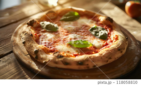 Italian pizza on wooden table top view in golden light Italian pizza on wooden table top view in golden light 118058810