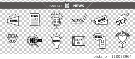 Megaphone, microphone, magnifying glass, and other news and announcement icons and illustrations set 118058964