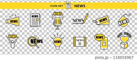 Megaphone, microphone, magnifying glass, and other news and announcement icons and illustrations set 118058967