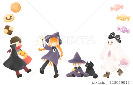 ハロウィンの仮装をした子供たちとお菓子のフレーム ハロウィンの仮装をした子供たちとお菓子のフレーム 118059012