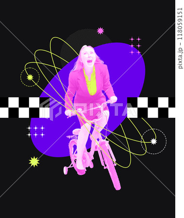 Poster. Contemporary art collage. Ride of success. With excitement and energy, business ventures accelerate, navigating path to innovation and profit. 118059151