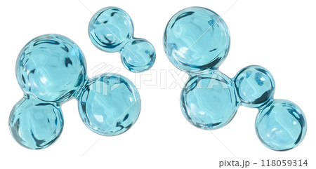 Vivid 3D render of water molecules in varying sizes, showcasing translucent blue spheres connected seamlessly, isolated on white background, symbolizing molecular structure and scientific concept. 118059314